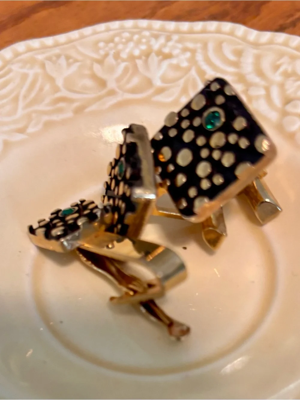 Vintage Collectible Square Cufflinks & Tie Bar with Green Accent Stones